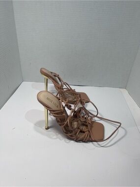 Miss Lola Brown Strappy Lace-Up Stiletto Sandals with Gold Heel